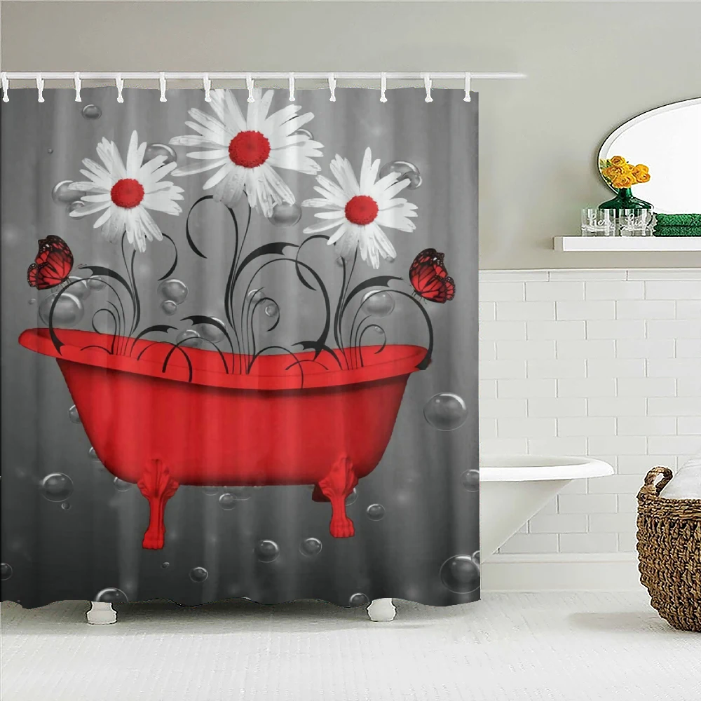 

Flowers kiss Love Woman Bath Curtain Waterproof Shower Curtains Polyester Red Rose Bath Screen for Bathroom Christmas Gift