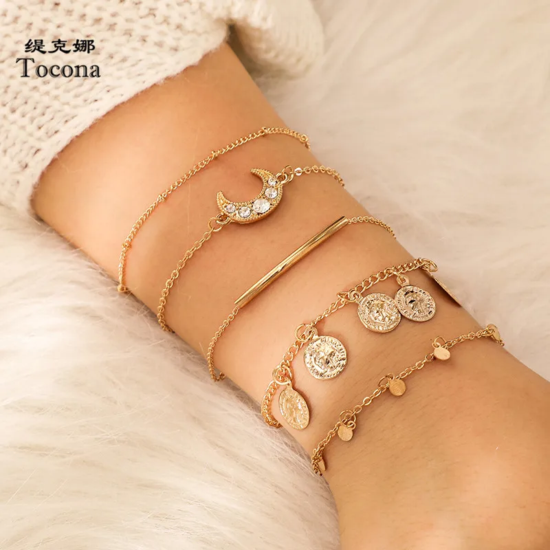 Tocona 5 шт./компл. роскошный Монета Кисточкой Moon Браслеты модные золотые вафли Прозрачный кристаллический камень браслет для Для женщин ювелирные изделия B07102