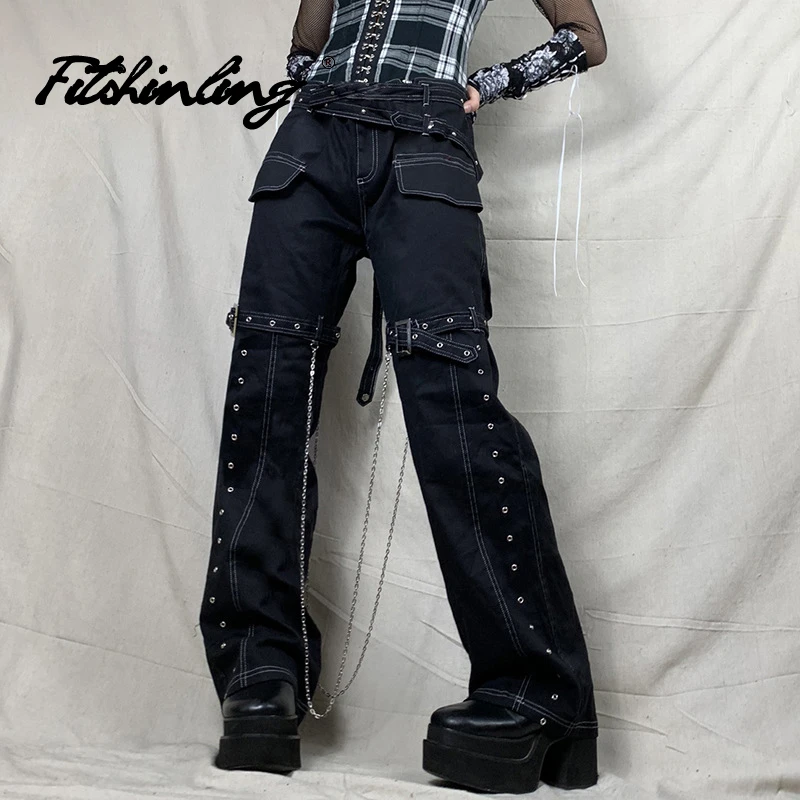 Fitshinling Goth Bandage Denim Loose 