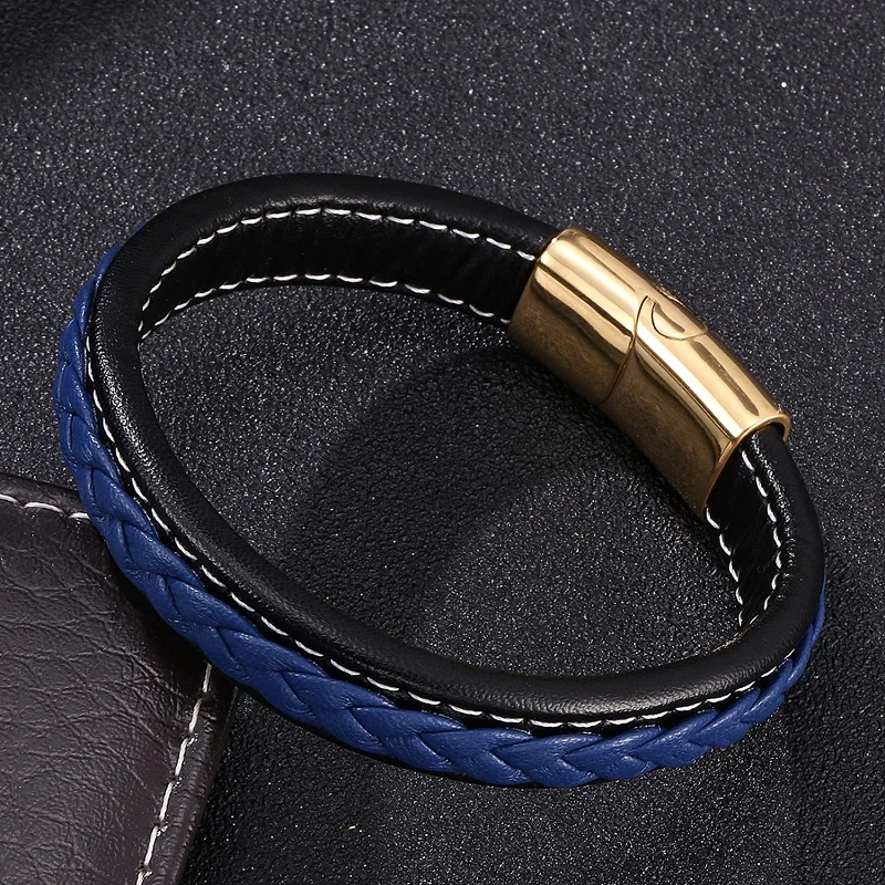 Плетеный черный, синий кожаный браслет, мужской модный браслет из нержавеющей стали с магнитной пряжкой, мужской браслет, очаровательные браслеты, браслеты, подарки