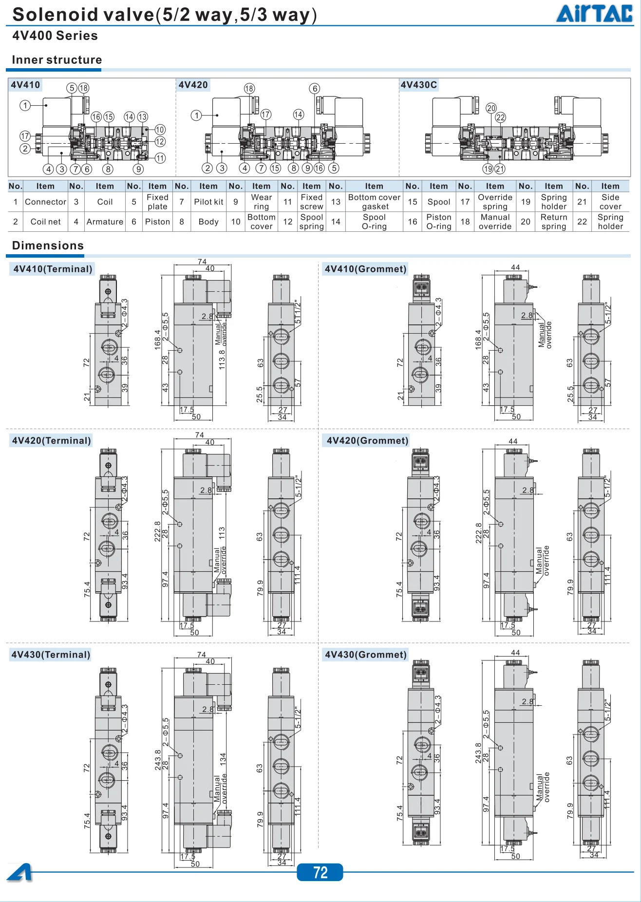 4V410-15 AC220V DC24V одинарный соленоид 5/2 трехходовых электромагнитных клапана 4V400 серии