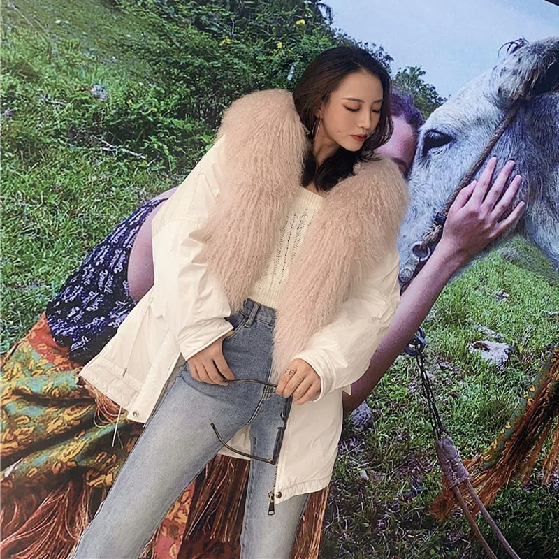 2 Manteau femme hiver пуховик женский с капюшоном с натуральным настоящим овечьим мехом воротник размера плюс пальто шапка Толстая теплая парка натуральный мех - Цвет: 2