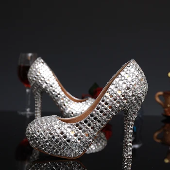 

2020 Elegant Silver Round Toe Woman Platform Shoes Crystal High Heels Shoes Rhinestone Lady's Party Proms Plus Size 34 - 43