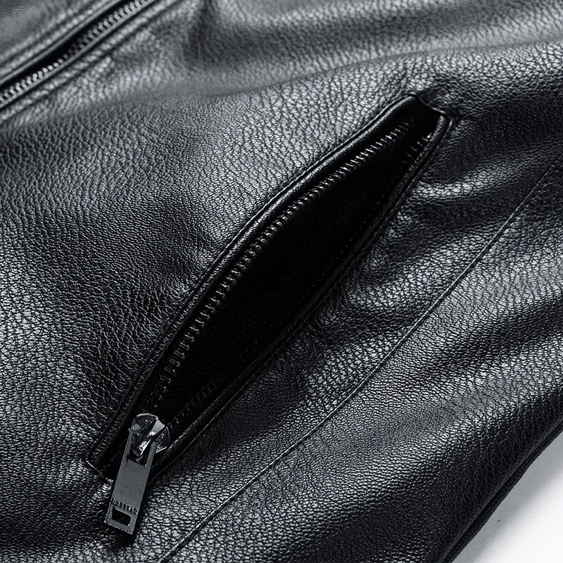 Casual Slim Fit Male Leather Jacket Fashion Stand Collar Zipper Men Faux Leather Jacket Solid Male Long Sleeve Male Leather Coat