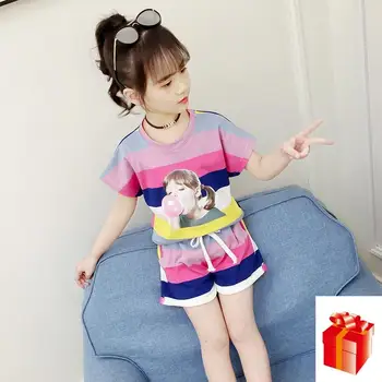 

Kids Sets 2019 New Girls Korean Version Two-piece Short-sleeved Children's Clothing Summer Hipster Style Rainbow Color Clothing