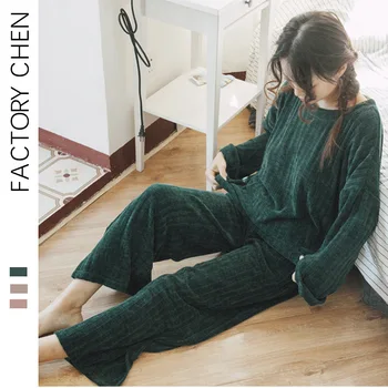 

Spring and Autumn Solid Color Retro Casual Cher Velvet Men and Women Home Wear Couples Pajamas Suit Outer