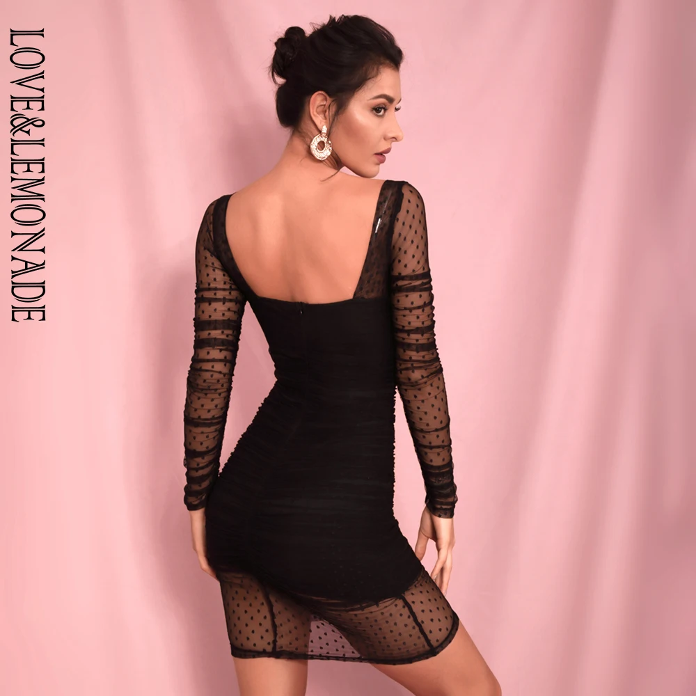 LOVE&LEMONADE, сексуальное черное платье с квадратным воротником и длинным рукавом, облегающее платье в горошек, Сетчатое платье, вечерние мини-платья LM82170