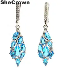 41x10 мм фантастический созданный Париж, голубой топаз CZ женские настоящие серебряные серьги