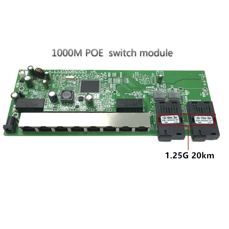 역 poe 10/100/1000 m 기가비트 이더넷 스위치 광섬유 단일 모드 8 rj45 및 2 sc 광섬유 마더 보드 1.25g 20 km
