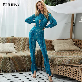 

Tosheiny 2020 Women Ruffles Lace Jumpsuit Long Sleeve Women See Through Sexy Rompers Playsuits Solid Long Jumpsuits TH8624-1