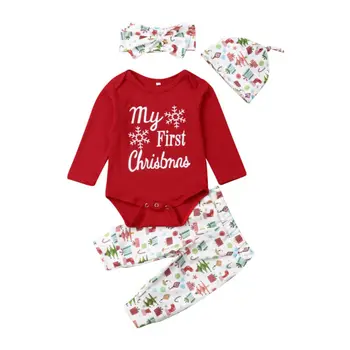 

CANIS Newborn Baby Girl Boy My First Christmas Costume Long Sleeve Letter Printed Bodysuit+Hat Clothes Outfits 4Pcs