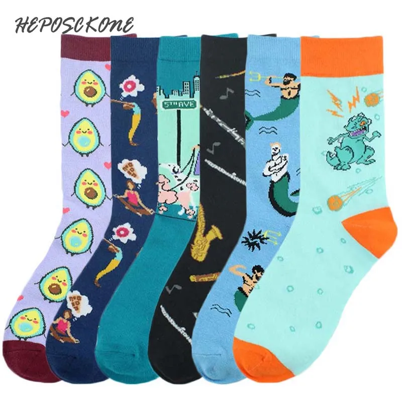 

[HEPOSCKONE]Music Mermaid Avocado Divertidos Cute Socks Happy Girl Pattern Cotton Creative Funny Socks Chaussette Femm Skarpetki