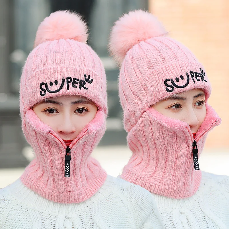 zipper-pink Зимние шапки женские зимние шапки для мужчин женские помпоны из хлопка смешанные кепки в стиле хип-хоп теплая шапка шарф Кепка в стиле унисекс шляпы - Цвет: zipper-pink