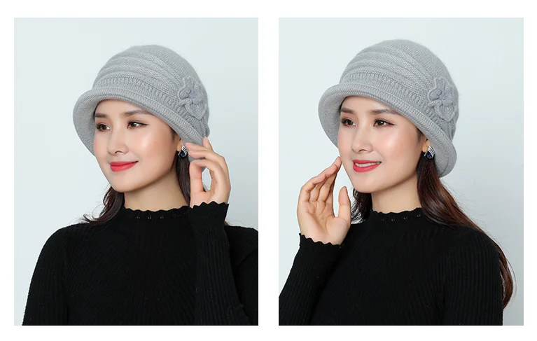 Новая зимняя женская шапка теплые вязанные шапочки Skullies из кроличьего меха шапки одноцветные норковые Плюшевые Цветочные мешковатые шапки головные уборы