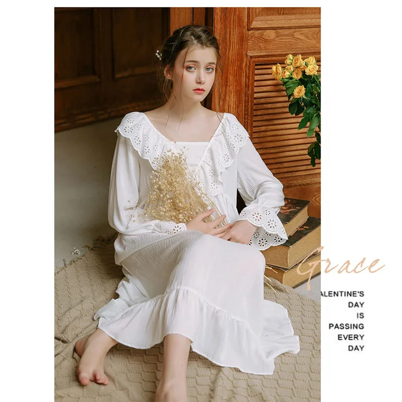Sexy Victorian Sleep Wear Night Dress Vintage Nightgown Long Sleeve Nightdress White Cotton Sleepwear Women Nightshirt