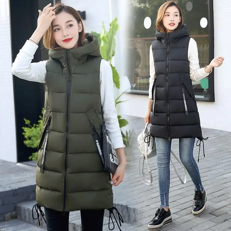 

2019 Autumn Winter Vest Women Waistcoat Sleeveless Vest Jacket Hooded Warm Long Vest Coat