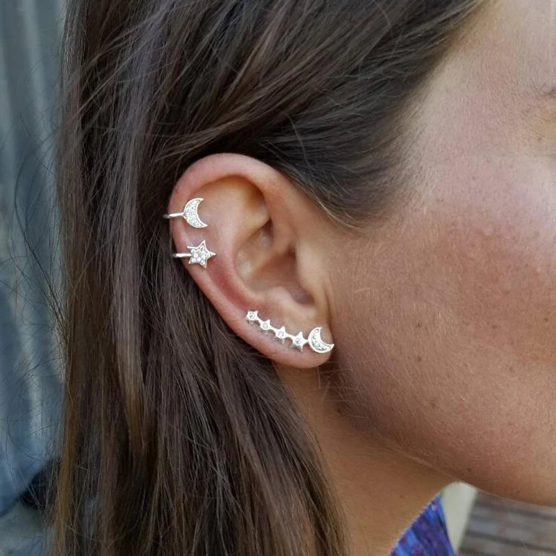 Sun Ear Climber Хрустальная крошечная звезда Луна серьги-гвоздики для женщин подарок на