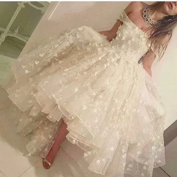 

Fashion Ivory Strapless Off the Shoulder Shoulder Beaded Flowers Lace Short Front Long Back Prom bridesmaid Dresses