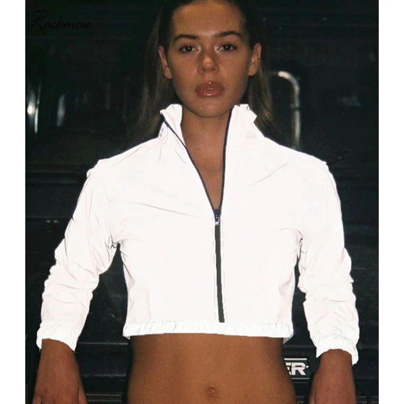 

Rockmore Long Sleeve Women Zipper Turtleneck Outwear Coat Fall Reflective Motorcycle Crop Coats Female Jackets Cycling Plus Size