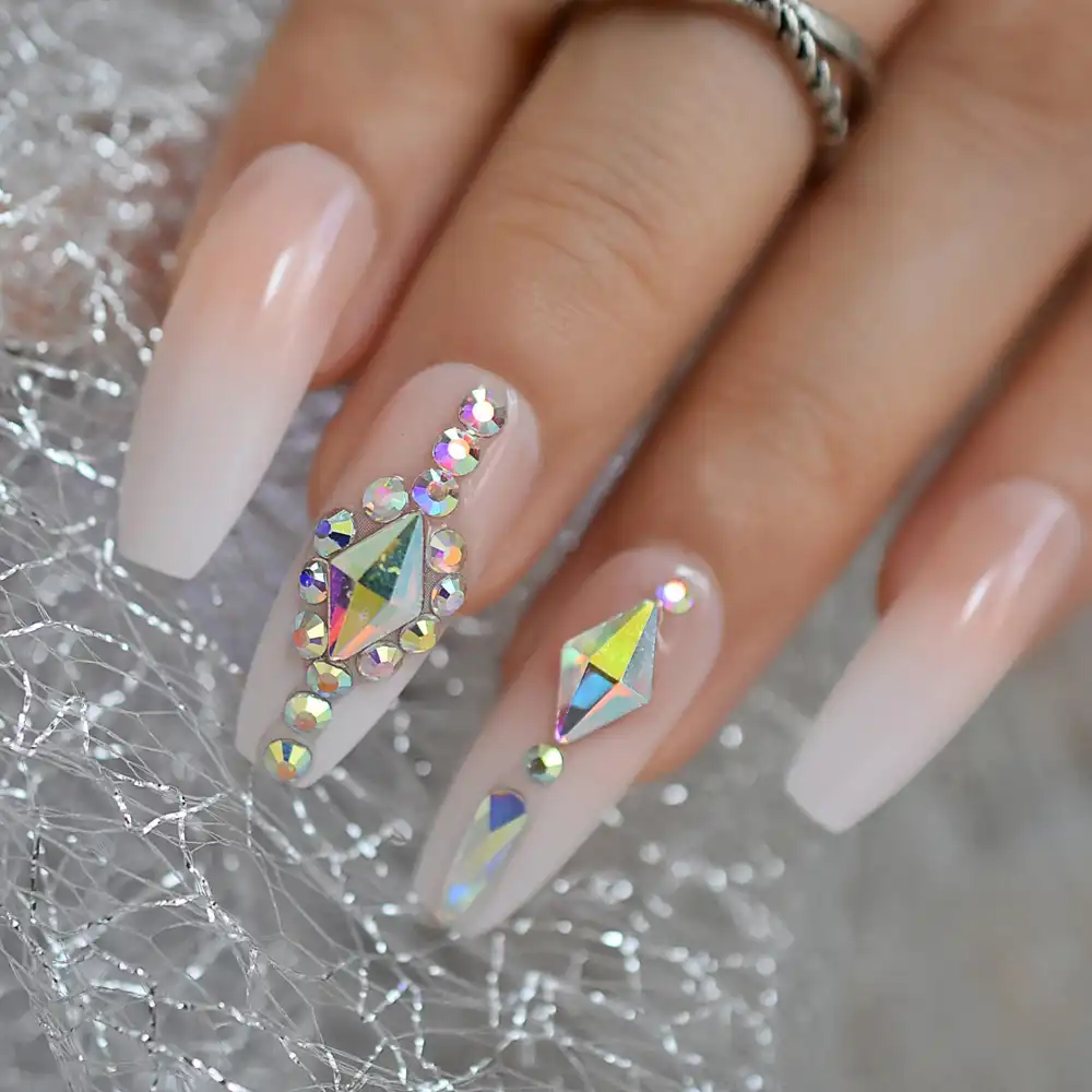 Luxury Nails Custom Large Stones Decorated Nail Art Tips Luxe Icy Ombre 