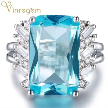 

Vinregem Branded 925 Solid Sterling Silver Aquamarine Topaz Gemstone Birthstone Ring Wedding Band Fine Jewelry Drop Shipping