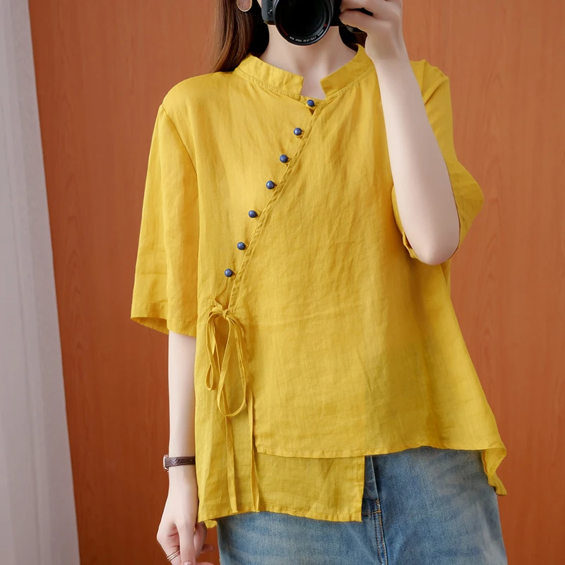 Color Buttons Irregular 2022 Women Tops Summer New Chinese Blouse Vintage Standing Collar Female Short Sleeve Shirts Z055