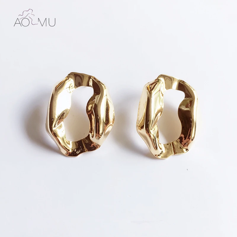 AOMU, Новое поступление, модные серьги-гвоздики с геометрическим орнаментом, металлические, золотые, изогнутые, овальные, для женщин, подарки, вечерние, свадебные ювелирные изделия