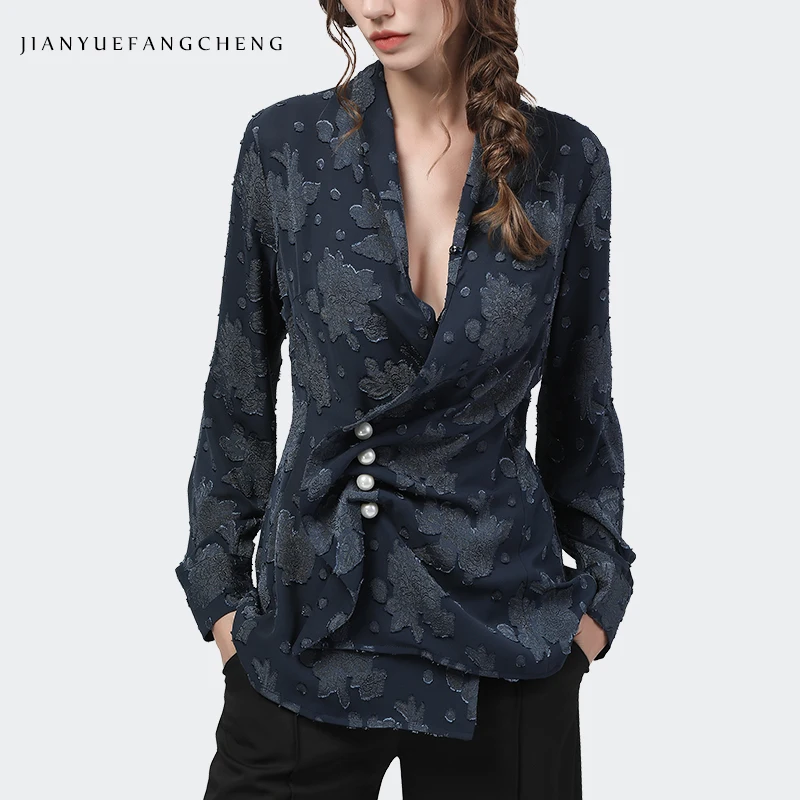 Fashion Blue Embossed Women' Shirt Long Sleeve