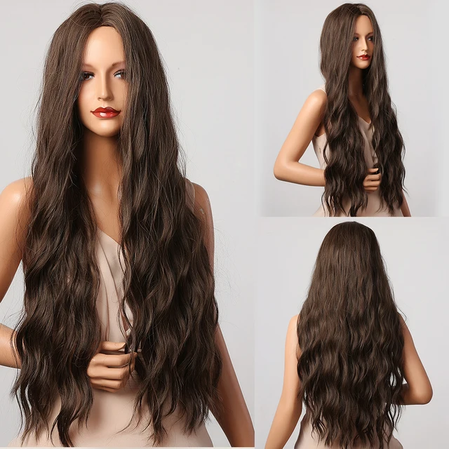 HENRY MARGU Dark Brown Wave Wigs Long Synthetic Wavy Natural Hair Temperature Wigs For Black/White Women Daily Cosplay Wigs LC5036-1