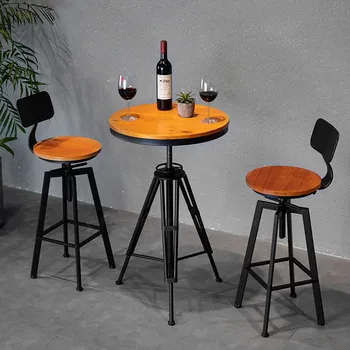 

Wrought Iron Solid Wood Bar Stool Adjustable Swivel Chair Retractable Height High Stool Industrial Style Leisure Dining Chair