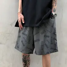 Harajuku estilo letra escura impresso calças de perna larga feminino coréia ins solto em linha reta tamanho grande calças de cinco pontos para homem e mulher