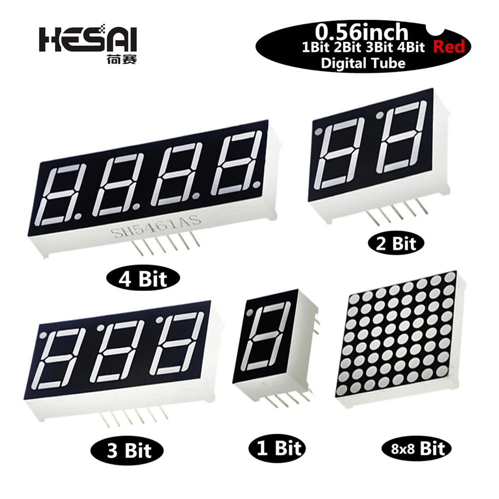 1PC 0.56inch LED Display 7 Segment 1 Bit/2 Bit/3 Bit/4 Bit Digit Tube Red Common Cathode / Anode Digital 0.56 inch Led 8*8 Led L