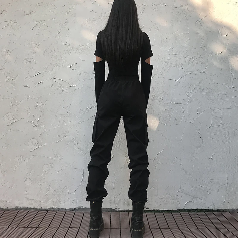 Rapwriter Fashion Drawstring Elastic High Waist Cargo Pants Women Autumn Straight Loose Black Trousers Pantalon Femme Green