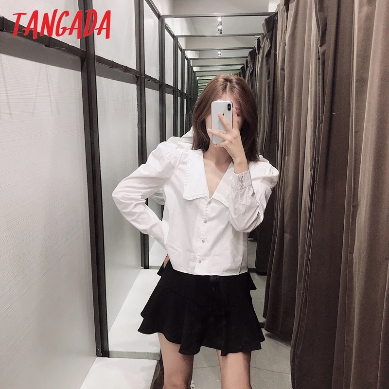 Günstige Tangada frauen perlen tasten weiß shirts baumwolle langarm peter pan kragen kurze stil junge damen blusen 3H08