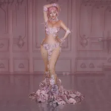 Модные блестящие стразы, розовое платье с объемным цветком, сексуальное платье с камнями, длинное платье с большим хвостом, платье для выпускного, дня рождения, празднования