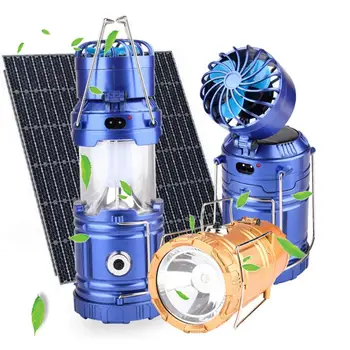 

Solar powered camping lantern light with fan outdoor retractable camping hiking lighting tool light lamp with double handles