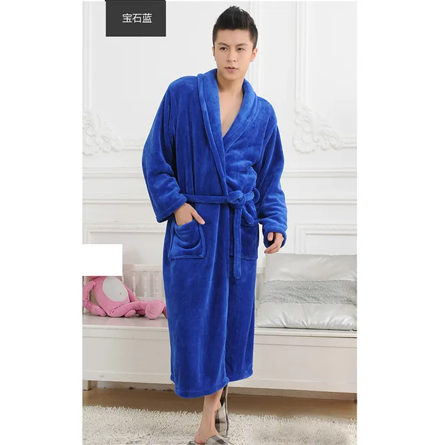 Women Men Flannel Bath Robe Sleepwear Autumn Winter Solid Plush Couple Bathrobe Thick Warm Female Robe Dropshipping - Цвет: Синий