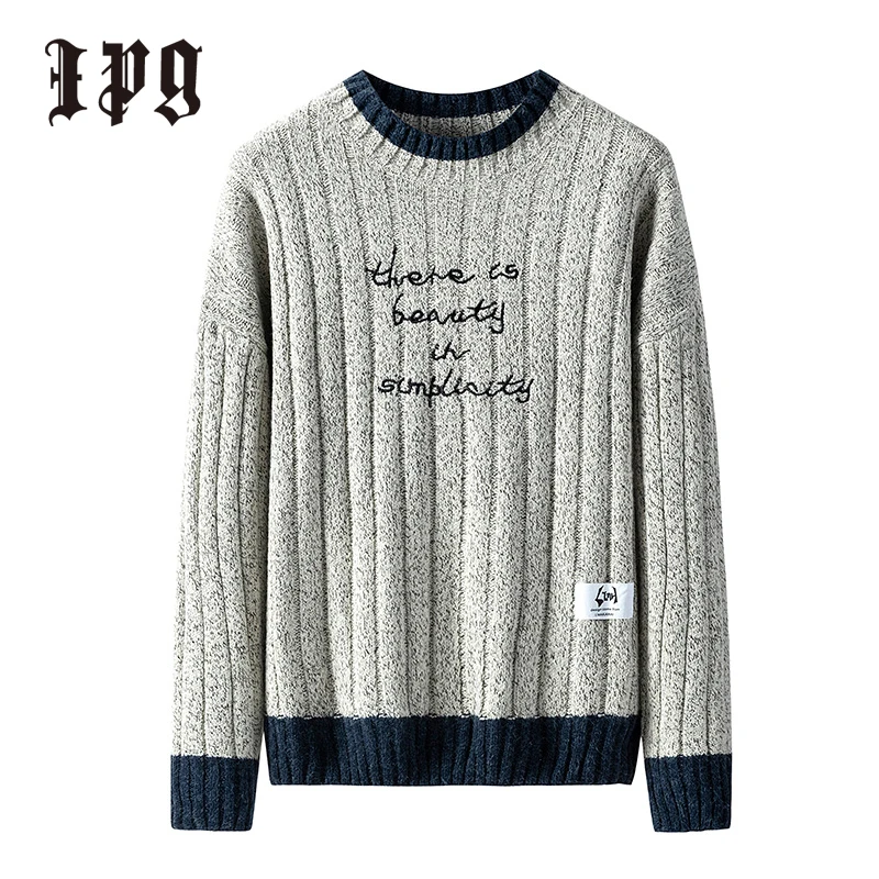 

Ipg New Knitted Pullover Jumper Sweaters Letter Embroidery Casual Men Clothing British Style Splicing Knitwear Sweater Men Tops