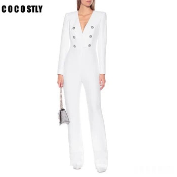

Women Formal Jumpsuit 2020 Autumn Female Long Sleeve V-Neck Office Work Elegant White Blazer Jumpsuit Femme Rompers