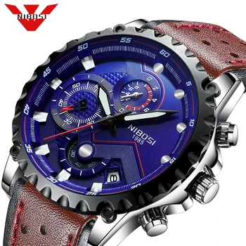 

NIBOSI Quartz Watch Men Blue Casual Fashion Chronograph Leather Mens Watches Top Brand Luxury Big Dial Watch Relogio Masculino