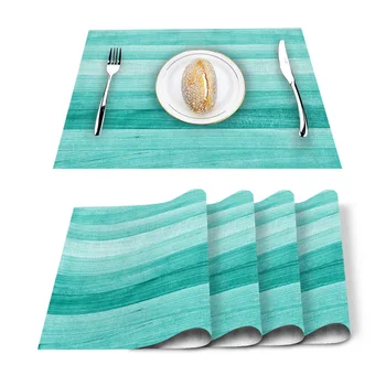 

4/6 Pcs Placemat Table Mat Turquoise Wooden Board Printed For Tables Heat-insulation Linen Cotton Kitchen Dining Pads Set