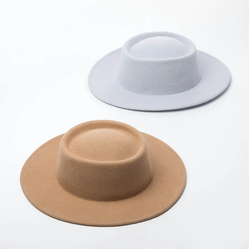 

King Wheat Autumn Winter New Wide Brim Wool Flat Women Fedora Stage Show Felt Cap Fashion Outdoor Keep Warm Lady Ring Top Hat