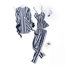 Сексуальная ночная рубашка с v-образным вырезом домашняя одежда Женский комплект из 3 предметов для сна повседневные атласные шарфы халат набор Изысканная полосатая одежда для сна Ночное белье