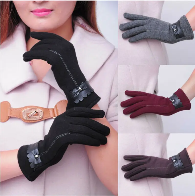 

2019 Winter Warm Fashion Womens Ladies Elegant Bowknot Mittens Thermal Lined Touch Screen Bow Gloves