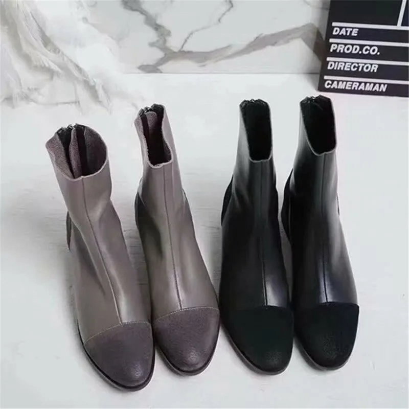 Женские сапоги scarpe donna на застежке-молнии, Женская обувь, смешанные цвета на низком каблуке Женская обувь с круглым носом на молнии