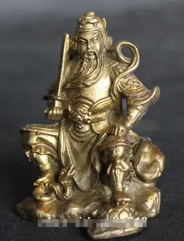 

8CM Folk Chinese Brass Seat Lion Head Guan Guan Yu Warrior God Statue