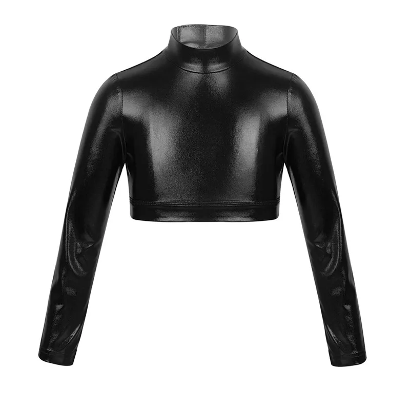 Kids Girls Glossy Metallic Crop Tops Mock Neck  Long Sleeves Top For Dancing Stage Performance Gymnastics Jazz Hip Hop Dancewear