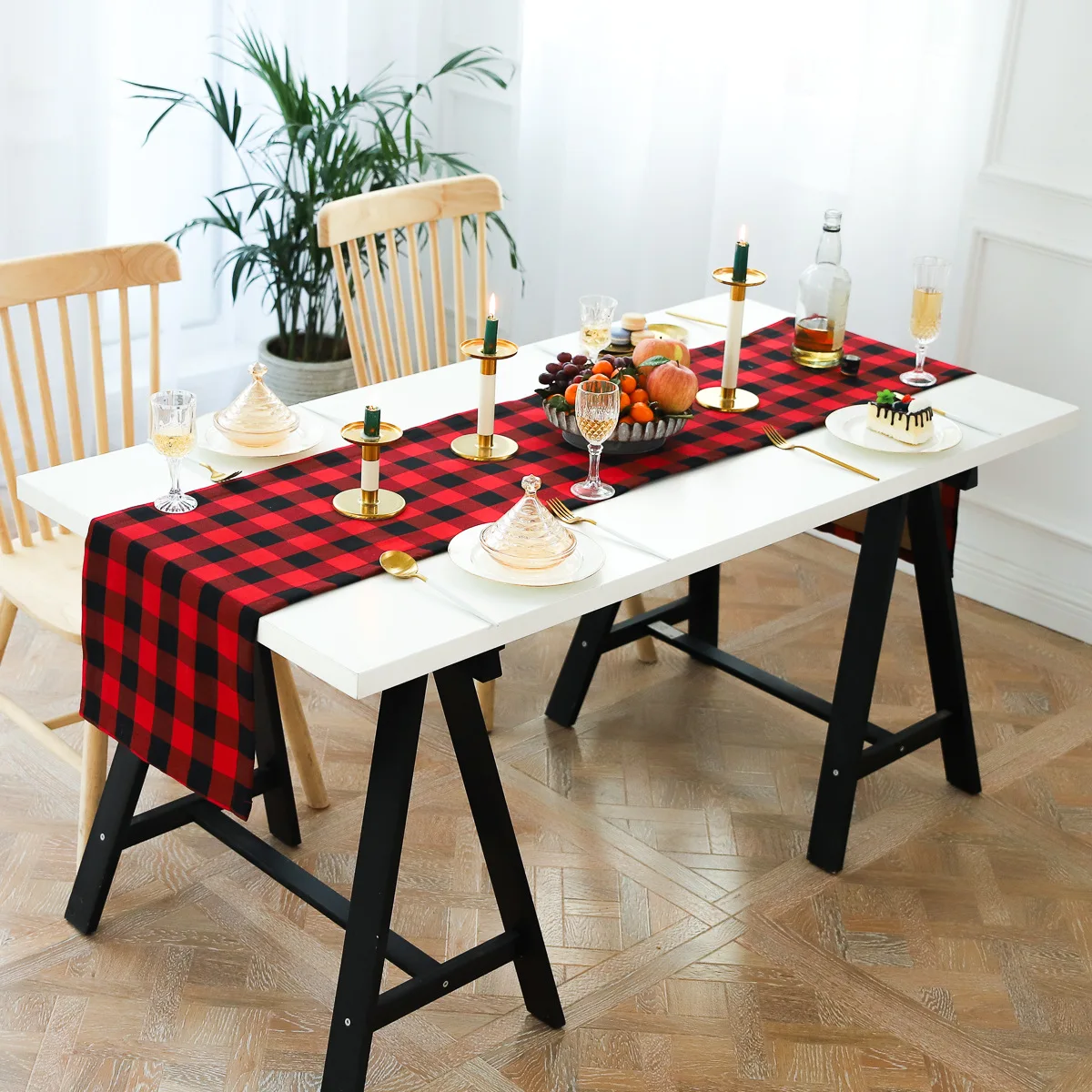 

Christmas Day Table Runner Decorations Gift Plaid Fabric Dining Table Cushion Black Northern European-Style Home Textile Custom
