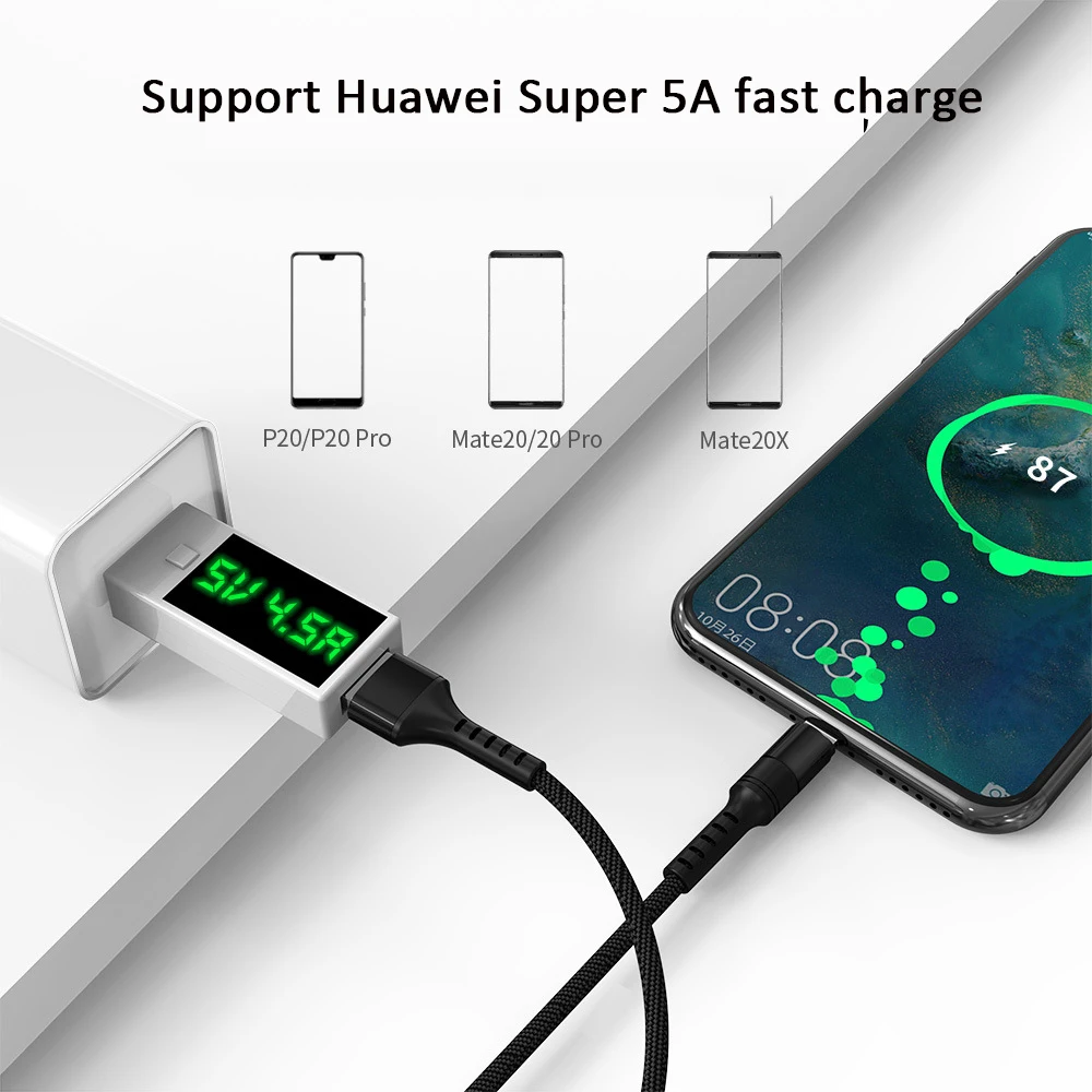 Кабель usb type c для huawei P9/P10/P20/P30pro FCP 5A Быстрая зарядка QC4.0 3,0 нейлоновый переплет кабель передачи данных 1 м/1,5 м/2 м