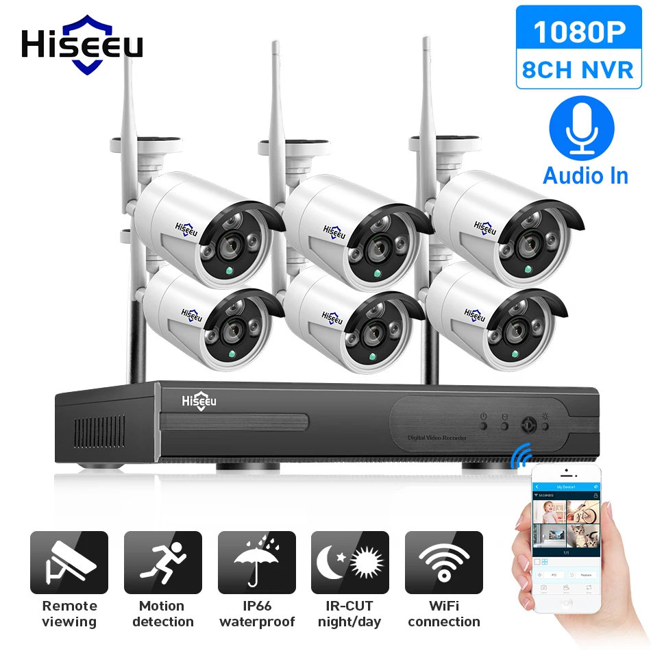 Hiseeu 8CH CCTV камера система беспроводная 6 шт 1080P wifi IP наружная Домашняя безопасность